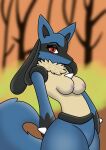  anthro blue_body blue_fur breasts canid canine female fur generation_4_pokemon hi_res lucario mammal nintendo pokemon pokemon_(species) red_eyes solo 