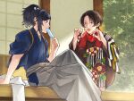  2boys architecture black_hair black_kimono blue_eyes blue_kimono day earrings east_asian_architecture eating food food_in_mouth grey_hakama hakama hibiki_10000 highres holding holding_food holding_popsicle japanese_clothes jewelry kashuu_kiyomitsu kimono knee_up long_sleeves male_focus mole mole_under_mouth multiple_boys nail_polish_bottle on_floor open_mouth parted_bangs ponytail popsicle popsicle_in_mouth porch profile red_eyes red_scarf scarf short_hair sidelocks squatting tasuki touken_ranbu unworn_scarf veranda white_scarf wide_sleeves yamato-no-kami_yasusada 