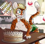  anthro birthday_cake cake clothed clothing dessert dyson_(eldiman) eating eldiman felid food hi_res male mammal pantherine solo tiger tongue tongue_out topless young 