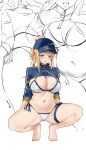  1girl absurdres artoria_pendragon_(fate) barefoot baseball_cap bikini blonde_hair blue_eyes blue_headwear breasts commentary fate/grand_order fate_(series) hat highres large_breasts long_hair looking_at_viewer multiple_views mysterious_heroine_x_(fate) navel pinnn shrug_(clothing) side-tie_bikini_bottom sidelocks squatting stomach swimsuit thigh_strap thighs white_bikini 