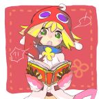  ! !? 1girl amitie_(puyopuyo) blonde_hair book gloves green_eyes highres holding holding_book keikou_midori_(753064) long_sleeves looking_to_the_side one-hour_drawing_challenge open_mouth puyopuyo puyopuyo_fever red_amitie red_background red_headwear short_hair 