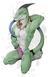  anthro barefoot blue_eyes claws feet green_body hi_res horn kredri lizard male nude pose reptile scalie simple_background solo tail toe_claws toes 