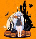  1girl absurdres ahoge alternate_costume animal anklet bandaged_leg bandages bare_tree barefoot bat_(animal) black_dress black_skirt blue_hair blush candle closed_mouth dress fire full_body ghost ghost_costume griseo halloween halloween_bucket halloween_costume happy_halloween highres holding honkai_(series) honkai_impact_3rd incredibly_absurdres jack-o&#039;-lantern jewelry long_hair long_sleeves looking_at_viewer moon orange_background ouya_(pixiv_52685215) pleated_skirt pumpkin purple_eyes ribbon shirt skirt solo standing tree twintails very_long_hair white_shirt 