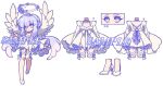  1girl angel_wings dress flower-shaped_pupils full_body halo highres leg_ribbon long_hair multiple_views original outstretched_arm outstretched_hand purple_eyes purple_hair reference_sheet ribbon sample_watermark smile symbol-shaped_pupils thigh_ribbon turnaround very_long_hair white_background white_dress white_footwear white_ribbon white_wings wings xianyudian_laoban 