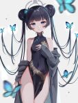  1girl bare_shoulders black_dress black_hair blue_archive blue_eyes blush braid braided_bun breasts bug butterfly butterfly_hair_ornament china_dress chinese_clothes coat coat_partially_removed covered_navel double_bun dragon_print dress grey_coat grey_halo hair_bun hair_ornament halo hand_up highres kisaki_(blue_archive) long_hair looking_at_viewer motion_blur parted_lips pelvic_curtain print_dress sailorleyla side_slit simple_background sleeveless sleeveless_dress sleeves_past_wrists small_breasts solo twintails vertical-striped_coat very_long_hair white_background 