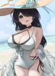  1girl absurdres bare_shoulders beach black_choker black_hair blue_archive blush bow breasts choker cleavage collarbone criss-cross_halter day eyelashes flower hair_over_one_eye halo halterneck hand_on_headwear hat hat_flower hat_ribbon highres hinata_(blue_archive) hinata_(swimsuit)_(blue_archive) huge_breasts large_hat layered_swimsuit long_hair looking_at_viewer one-piece_swimsuit one_eye_covered open_mouth outdoors red_eyes ribbon see-through skindentation smile solo spaghetti_strap sun_hat swimsuit teruriu two-tone_swimsuit upper_body very_long_hair white_bow white_flower yellow_halo 