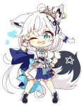  1girl 7:08 ahoge animal_ear_fluff animal_ears blush braid chibi commentary_request earrings fox_ears fox_girl fox_shadow_puppet fox_tail green_eyes hair_between_eyes hair_ornament hand_on_own_hip heart hololive hololive_idol_uniform_(bright) jewelry long_hair looking_at_viewer one_eye_closed open_mouth pentagram shirakami_fubuki sidelocks simple_background single_braid solo tail virtual_youtuber white_background white_hair 