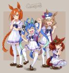  4girls :d ahoge animal_ears aqua_hair arm_behind_back black_footwear black_ribbon blue_hair blue_headwear blue_shirt blunt_ends bow bowtie braid braided_ponytail brown_hair cabbie_hat closed_eyes closed_mouth copyright_name drill_hair ear_covers ear_ornament frilled_skirt frills grey_background group_name hair_ornament hair_ribbon hairband hairclip hand_on_own_arm hand_on_own_chin hat highres horse_ears horse_girl horse_tail ikuno_dictus_(umamusume) interlocked_fingers katahira_masashi light_frown long_hair mary_janes matikane_tannhauser_(umamusume) medium_hair miniskirt multicolored_hair multiple_girls nice_nature_(umamusume) open_mouth own_hands_together pleated_skirt puffy_short_sleeves puffy_sleeves purple_bow purple_bowtie raised_fist red_hairband ribbon rimless_eyewear round_eyewear sailor_collar school_uniform shadow sharp_teeth shirt shoes short_sleeves sidelocks single_braid skirt smile squatting standing standing_on_one_leg tail teeth thighhighs tilted_headwear tracen_school_uniform twin_turbo_(umamusume) twintails two-tone_hair umamusume very_long_hair waving white_sailor_collar white_skirt white_thighhighs yellow_eyes 