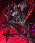  action_pose black_body claws cygames dragalia_lost dragon dragoooon1223 grey_body hi_res horn male markings ninjutsu nintendo pose ranged_weapon red_background red_claws red_eyes red_markings shinobi_(dragalia_lost) shuriken simple_background solo tail weapon 