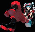  1girl black_background black_footwear blue_eyes blue_hair boots breasts clothing_cutout commentary full_body goggles goggles_on_head hatsune_miku highres magical_mirai_(vocaloid) magical_mirai_miku magical_mirai_miku_(2023) multicolored_hair navel_cutout open_mouth pants red_hair red_nails red_pants reirou_(chokoonnpu) sidelocks small_breasts smile solo symbol-only_commentary teeth v vocaloid 
