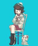  1girl :o alcremie alcremie_(strawberry_sweet) blush bob_cut boots brown_eyes brown_footwear brown_hair buttons cable_knit cardigan chair commentary_request cup donguri_big dress evolutionary_line gloria_(pokemon) green_background green_headwear green_socks grey_cardigan hat holding holding_cup hooded_cardigan milcery open_mouth pink_dress pokemon pokemon_(creature) pokemon_(game) pokemon_swsh short_hair sitting socks tam_o&#039;_shanter 