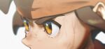  1boy blurry brown_hair close-up commentary depth_of_field endou_mamoru eye_focus eye_reflection floating_hair gouenji_shuuya headband highres inazuma_eleven_(series) injury looking_ahead male_focus omisotayan portrait reflection scratches short_hair simple_background solo sweat symbol-only_commentary white_background 