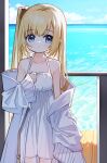  1girl bangs bare_shoulders blonde_hair blue_eyes blue_sky blush closed_mouth cloud collarbone day dress flower_girl_(yuuhagi_(amaretto-no-natsu)) hair_between_eyes hand_up horizon jacket long_hair long_sleeves ocean off_shoulder open_clothes open_jacket original side_ponytail sky sleeveless sleeveless_dress sleeves_past_wrists solo standing very_long_hair water white_dress white_jacket wide_sleeves yuuhagi_(amaretto-no-natsu) 