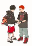  2boys bag basketball_jersey basketball_uniform black_eyes black_hair black_hoodie black_shirt black_tank_top black_wristband buzz_cut denim duffel_bag eye_contact full_body grey_background hand_on_another&#039;s_arm hood hoodie jeans keychain layered_clothes looking_at_another male_focus multiple_boys open_mouth pants red_footwear red_hair red_shorts rukawa_kaede sakuragi_hanamichi sappali2 shirt shoes short_hair shorts simple_background slam_dunk_(series) sneakers sportswear tank_top very_short_hair white_footwear 