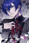  1boy 25-ji_kaito 25-ji_nightcord_de._(project_sekai) black_flower blue_eyes blue_hair buttons collared_shirt commentary_request dark_blue_hair flower hair_between_eyes harness highres iceman_desu kaito_(vocaloid) long_sleeves male_focus neck_ribbon project_sekai red_ribbon ribbon shirt short_hair solo teeth upper_body 