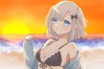  1girl alternate_costume alternate_hairstyle beach blue_eyes blush breasts cleavage commentary_request fran_vg grey_hair hair_ornament jacket kaga_sumire medium_breasts medium_hair ocean open_mouth sand sky solo sunset swimsuit virtual_youtuber vspo! 