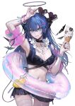  1girl alternate_costume arknights arm_up armpits bikini bikini_skirt black_bikini black_choker black_halo blue_eyes blue_hair breasts choker cowboy_shot demon_horns detached_wings fallen_angel flower flower_necklace food halo heart heart-shaped_eyewear holding holding_food holding_ice_cream horns ice_cream ice_cream_cone innertube liangban_xiexu long_hair looking_at_viewer medium_breasts mostima_(arknights) navel rosary rubber_duck simple_background smile soft_serve solo standing stomach sunglasses swimsuit white_background wings 