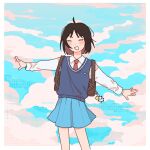  1girl arms_up artist_name bag bag_charm bare_legs black_hair blue_skirt blue_sky blue_sweater_vest blush_stickers border brown_bag charm_(object) cloud cloudy_sky collared_shirt commentary day dot_nose dress_shirt english_commentary facing_viewer feet_out_of_frame highres iwakura_mitsumi kaogens legs_apart long_sleeves necktie outdoors parted_bangs pleated_skirt red_necktie school_bag school_uniform shirt short_hair skip_to_loafer skirt sky smile solo sweater_vest v-shaped_eyebrows white_border white_shirt 