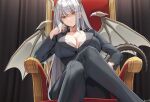 1girl artist_name black_curtains black_suit blue_eyes bra bra_peek breasts bursting_breasts business_suit button_gap cleavage commission commissioner_upload crossed_legs dragon_girl dragon_horns dragon_tail dragon_wings formal glaring grey_horns grey_tail grey_wings hand_on_own_cheek hand_on_own_face hand_rest heterochromia highres horns keenh lace lace-trimmed_bra lace_trim large_breasts long_hair looking_at_viewer office_lady on_chair original shaded_face sidelocks signature sitting slit_pupils slouching solo spiked_wings suit swept_bangs tail throne underwear white_bra white_hair wings 