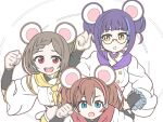  3girls animal_ears arm_warmers blue_eyes blue_hair blue_neckerchief braid brown_hair buttons choo_choo_train clenched_hand deni_m double-breasted double_bun french_braid glasses hair_bun hand_on_own_hip horinuki_masamune houchou_masamune light_blue_hair long_hair long_sleeves midriff motion_blur mouse_ears multicolored_hair multiple_girls neckerchief open_mouth pink_hair red_eyes red_neckerchief semi-rimless_eyewear short_hair sukashi_masamune teeth tenka_hyakken two-tone_hair under-rim_eyewear upper_teeth_only v-shaped_eyebrows wide_sleeves yellow_eyes yellow_neckerchief 