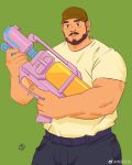  1boy bara baseball_cap beard black_pants blush_stickers cowboy_shot facial_hair green_background hat highres holding holding_water_gun large_hands large_pectorals looking_at_viewer male_focus mature_male muscular muscular_male mustache original pants pectorals rouyuan_shiqi_(ro_seventeen) shirt short_hair smile solo t-shirt thick_eyebrows water_gun 