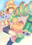  1girl arms_(game) beanie black_pants blonde_hair blunt_bangs blurry bouzu_(bonze) capri_pants chinese_clothes commentary_request depth_of_field domino_mask dragon_(arms) green_eyes green_footwear hat high_tops mask megawatt_(arms) min_min_(arms) orange_headwear orange_shorts pants parted_lips shoes short_hair shorts sneakers solo standing standing_on_one_leg 
