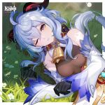  1girl bare_shoulders black_gloves bodystocking breasts commentary_request detached_sleeves ganyu_(genshin_impact) genshin_impact gloves grass hair_between_eyes head_tilt highres horns long_sleeves lying medium_breasts official_art on_side one_eye_closed parted_lips solo upper_body 
