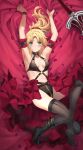  1girl arm_garter armpits arms_up bare_shoulders black_bra black_panties blonde_hair boots bra braid breasts fate/apocrypha fate_(series) french_braid full_body green_eyes highres long_hair looking_at_viewer mordred_(fate) mordred_(fate/apocrypha) navel o-ring panties parted_bangs ponytail sidelocks small_breasts solo tonee underwear 