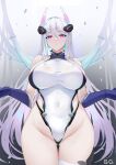  1girl ass_visible_through_thighs azur_lane baige0 bare_shoulders blue_gloves blush breasts closed_mouth covered_navel elbow_gloves gloves gradient_background hair_between_eyes hair_ornament highleg highleg_leotard horns huge_breasts kearsarge_(azur_lane) large_breasts leotard long_hair looking_at_viewer purple_eyes revision solo thighs white_hair white_leotard 