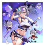  ... 3girls belt black_bra black_jacket black_shorts bra commentary cowboy_shot crop_top cube drill_hair eyewear_on_head fur-trimmed_jacket fur_trim grey_eyes grey_hair hair_between_eyes hair_ornament hair_ribbon hairclip hands_up highres holding honkai:_star_rail honkai_(series) jacket kuro_neko_7 long_hair looking_at_viewer midriff mini_person minigirl multiple_girls navel open_mouth ponytail purple_ribbon ribbon shirt short_shorts shorts silver_wolf_(honkai:_star_rail) single-shoulder_shirt single_bare_shoulder spoken_ellipsis standing stomach sunglasses thigh_strap thighs underwear white_belt white_shirt 