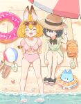  2girls alternate_costume animal_ears bare_arms bare_legs barefoot barefoot_sandals beach bikini black_bow black_bowtie black_hair blonde_hair blue_eyes blush bow bowtie bracelet cat_ears cat_girl cat_tail closed_eyes collarbone eyewear_on_head frilled_one-piece_swimsuit frills green_one-piece_swimsuit hat highres innertube japari_symbol jewelry kaban_(kemono_friends) kemono_friends lucky_beast_(kemono_friends) midriff multiple_girls navel necklace ocean one-piece_swimsuit open_mouth pearl_necklace pink_bikini ring sand sandals sandals_removed serval_(kemono_friends) short_hair smile sun_hat sunglasses swimsuit tail wamawmwm 