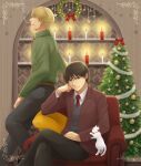  2boys armchair black_pants blonde_hair candle cat chair christmas christmas_ornaments christmas_tree coat collared_shirt crossed_legs facing_to_the_side formal fullmetal_alchemist green_shirt grey_sweater_vest hand_on_own_face jean_havoc leaning_on_object long_sleeves looking_at_viewer looking_to_the_side male_focus mistletoe multiple_boys necktie pants red_coat red_necktie red_suit roy_mustang shelf shirt smoking suit sweater_vest tsuki_oto_sena white_cat 
