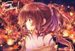  1girl 2023 ahoge autumn autumn_leaves bell blurry blurry_background blush brown_eyes brown_hair close-up closed_mouth commentary_request dated_commentary depth_of_field eyelashes eyes_visible_through_hair floating_hair hair_bell hair_between_eyes hair_ornament hair_scrunchie happy_birthday highres jingle_bell leaf lens_flare little_busters! long_hair looking_afar maple_leaf mitsuna natsume_rin night official_alternate_costume outdoors pink_scrunchie ponytail profile scrunchie shirt sidelocks smile solo very_long_hair white_shirt 