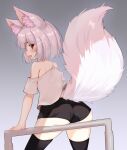  1girl absurdres animal_ear_fluff animal_ears ass black_shorts black_thighhighs blush fox_ears fox_girl fox_tail from_behind grey_background highres looking_back n3moni open_mouth original railing red_eyes shirt short_hair short_shorts short_sleeves shorts simple_background smile solo tail thighhighs thighs white_hair white_shirt 