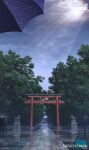  brick_road cloud cloudy_sky day highres lantern light_rays no_humans original scenery shrine sky statue sunlight torii tree yk_funa 