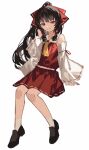  1girl absurdres ascot bare_shoulders black_footwear black_hair bow clynxen detached_sleeves eyebrows_hidden_by_hair full_body hair_bow hair_tubes hakurei_reimu half-closed_eyes highres long_hair looking_at_viewer parted_lips ponytail red_bow red_eyes red_shirt red_skirt ribbon-trimmed_sleeves ribbon_trim shirt sidelocks simple_background skirt smile solo touhou white_background wide_sleeves yellow_ascot 