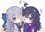  2girls ahoge asymmetrical_sleeves beni_shake black_hair black_sleeves blue_bow blush bow bronya_rand cheek-to-cheek chibi closed_mouth commentary_request dress elbow_gloves gloves grey_eyes grey_hair hair_bow heads_together honkai:_star_rail honkai_(series) long_hair long_sleeves mismatched_sleeves multicolored_hair multiple_girls notice_lines one_eye_closed purple_dress purple_eyes purple_hair purple_sleeves seele_(honkai:_star_rail) signature two-tone_hair very_long_hair wide_sleeves 