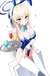  1girl absurdres animal_ears blonde_hair blue_archive blue_eyes blue_leotard bow bowtie braid breasts cleavage cup detached_collar drink drinking_glass fake_animal_ears french_braid groin halo highleg highleg_leotard highres holding holding_tray kaminose_(user_veum4325) large_breasts leotard long_hair microphone official_alternate_costume official_alternate_hairstyle playboy_bunny rabbit_ears sitting solo straight_hair thighhighs thighs toki_(blue_archive) toki_(bunny)_(blue_archive) tray very_long_hair white_thighhighs wrist_cuffs 