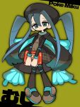  1girl black_headwear black_pantyhose blue_hair blue_wings book brown_dress brown_footwear brown_necktie bug_miku_(project_voltage) character_name closed_mouth dress eyeshadow full_body green_background green_eyes hair_between_eyes hair_through_headwear hat hatsune_miku holding holding_book long_hair long_sleeves looking_at_viewer makeup necktie pantyhose pokemon project_voltage shiba_inu_(j1piwzrj8xdzywk) shoes solo twintails very_long_hair vocaloid wings 