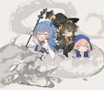  1boy 2girls ;d =_= arknights black_headwear black_jacket black_pants black_shorts blonde_hair blue_eyes blue_hair blue_horns blue_jacket blue_poison_(arknights) blush brown_hair chibi cigarette closed_mouth coat colored_skin dailybloopy dragon_girl dragon_horns earrings glasses grey_background hair_between_eyes hat highres holding holding_staff hood hood_up hooded_jacket horns jacket jewelry lee_(arknights) ling_(arknights) long_hair long_sleeves low_twintails multicolored_hair multiple_girls necktie one_eye_closed open_clothes open_coat open_mouth pants pink_hair pointy_ears shorts sidelocks simple_background smile staff streaked_hair twintails white_coat white_footwear yellow_necktie 