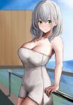  1girl against_railing bare_shoulders breasts cleavage closed_mouth collarbone crossed_bangs fence green_eyes grey_hair hololive large_breasts looking_at_viewer medium_hair naked_towel onsen railing shirogane_noel smile solo tokusakusa25 towel virtual_youtuber 