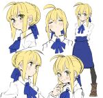  1girl ahoge arms_behind_back artoria_pendragon_(fate) black_pantyhose blonde_hair blue_sky boots brown_footwear closed_eyes collared_shirt expressions fate/stay_night fate_(series) green_eyes hair_bun hair_ribbon high-waist_skirt highres looking_at_viewer looking_to_the_side neck_ribbon nervous_smile pantyhose ribbon saber shirt sidelocks simple_background sketch skirt sky smile tenoo12 white_background white_shirt 