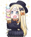  +_+ 1girl :d abigail_williams_(fate) black_bow black_dress black_headwear blonde_hair blue_eyes blush bow bug butterfly dress drooling fate/grand_order fate_(series) food hair_bow hat highres holding holding_food ice_cream ice_cream_cone long_hair long_sleeves neon-tetora orange_bow parted_bangs puffy_long_sleeves puffy_sleeves simple_background sleeves_past_fingers sleeves_past_wrists smile solo sparkle too_many too_many_scoops very_long_hair white_background 