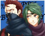  2boys brothers circlet fire_emblem fire_emblem_fates green_hair kaze_(fire_emblem) looking_at_another mask miyoru_(gefahr) mouth_mask multiple_boys ninja ninja_mask portrait red_hair saizo_(fire_emblem) siblings 