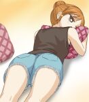  1girl armpit_crease ass black_eyes black_tank_top bokura_ga_ita brown_hair denim denim_shorts hair_bun hair_ornament haruyama_kazunori holding holding_pillow object_hug pillow short_hair shorts single_hair_bun solo takahashi_nanami tank_top topknot 