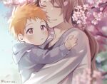  1boy 1girl aged_down bleach blush brown_hair cherry_blossoms closed_eyes falling_petals grey_hoodie grey_shirt hood hoodie konetaa kurosaki_ichigo kurosaki_masaki long_hair long_sleeves mother_and_son orange_eyes orange_hair outdoors petals shirt smile upper_body 