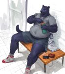  2021 andres_serrano anthro belly bench blue_body blue_fur bodily_fluids bottle bottomwear cellphone cettus clothed clothing container felid footwear fur headphones hi_res holding_bottle holding_container holding_object inside jaguar locker_room male mammal open_mouth overweight overweight_anthro overweight_male pantherine phone shirt shoes shorts sitting smartphone socks solo sweat topwear towel wallet water_bottle 