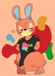  animal_crossing anthro big_penis black_clothing black_shirt black_t-shirt black_topwear bodily_fluids bottomless brown_body brown_eyes brown_fur claude_(animal_crossing) clothed clothing crouching d0ncassidy digital_media_(artwork) erection erection_under_clothing fur genital_fluids genitals half-closed_eyes lagomorph leporid long_ears male mammal narrowed_eyes nintendo orange_background partially_clothed penis pie_cut_eyes precum rabbit shirt simple_background solo star t-shirt topwear 