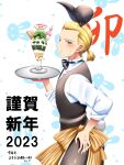  1boy alternate_costume animal_ears apron archaic_japanese_text black_bow blonde_hair blue_eyes blush bow dated expressionless fake_animal_ears fake_tail final_fantasy final_fantasy_tactics food fwa_rw hand_on_leg highres holding holding_tray ice_cream looking_at_viewer mustadio_bunansa ponytail rabbit_ears rabbit_tail solo tail tray waitress 