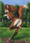 2023 anthro breasts butt canid canine female forest fox genitals grass hi_res mammal oil_painting_(artwork) outside painting_(artwork) plant plantigrade presenting presenting_hindquarters pussy running side_boob smile solo syntech traditional_media_(artwork) tree yellow_eyes 